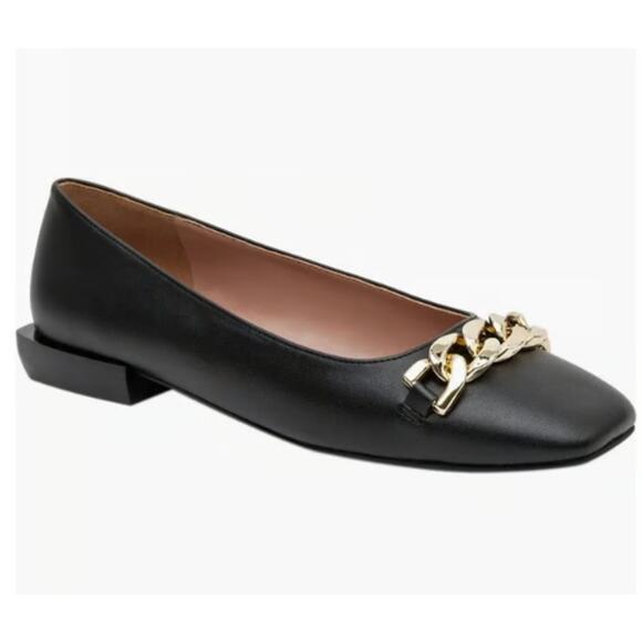 Linea Paolo Natalie Black Flats Size 7 NWOB Gold Chain Detail Unique Heel - Picture 1 of 12